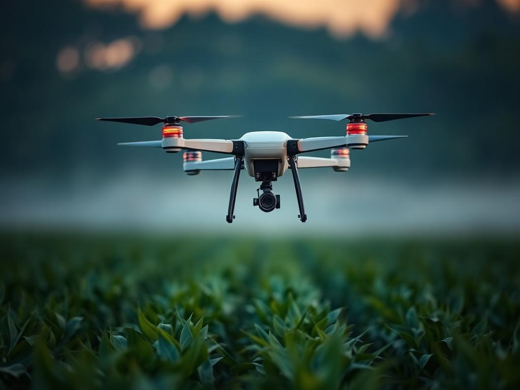 Drone agrícola sobrevoando a lavoura